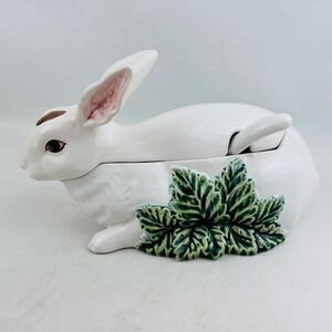 Bordallo Pinheiro Rabbit Figural Tureen Lid Ladle Portugal White Serving Dish